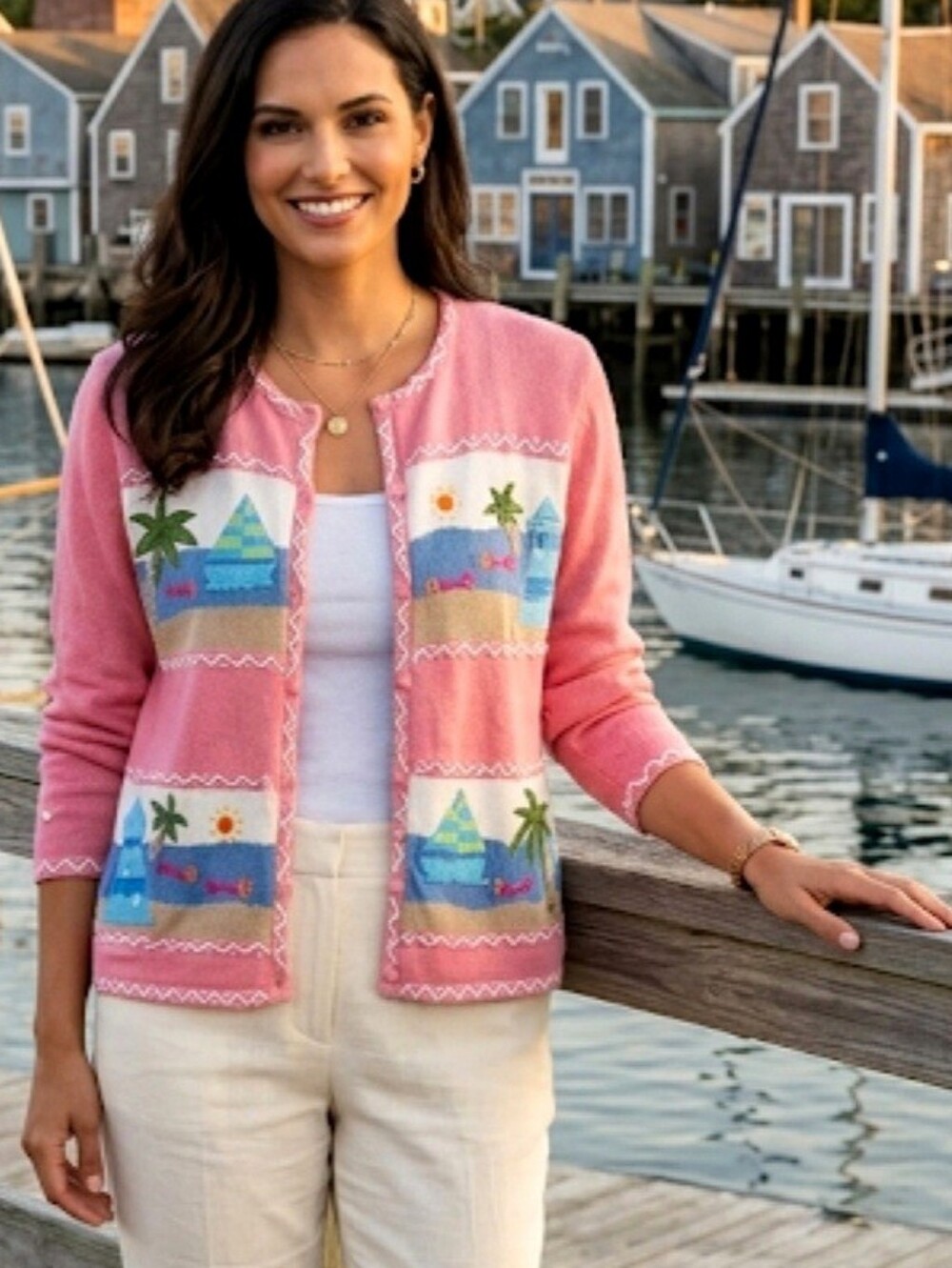 Designer Originals Studio Tropical Beach Scene Cardigan Sweater Size Small